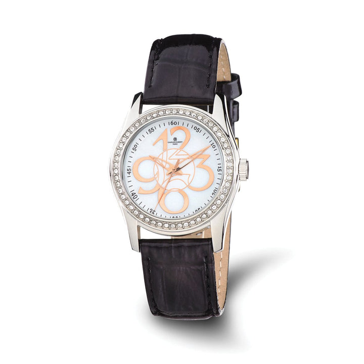 Lovely Rita's Watch Charles Hubert Ladies Elegant Crystal Bezel Black SS Leather Watch