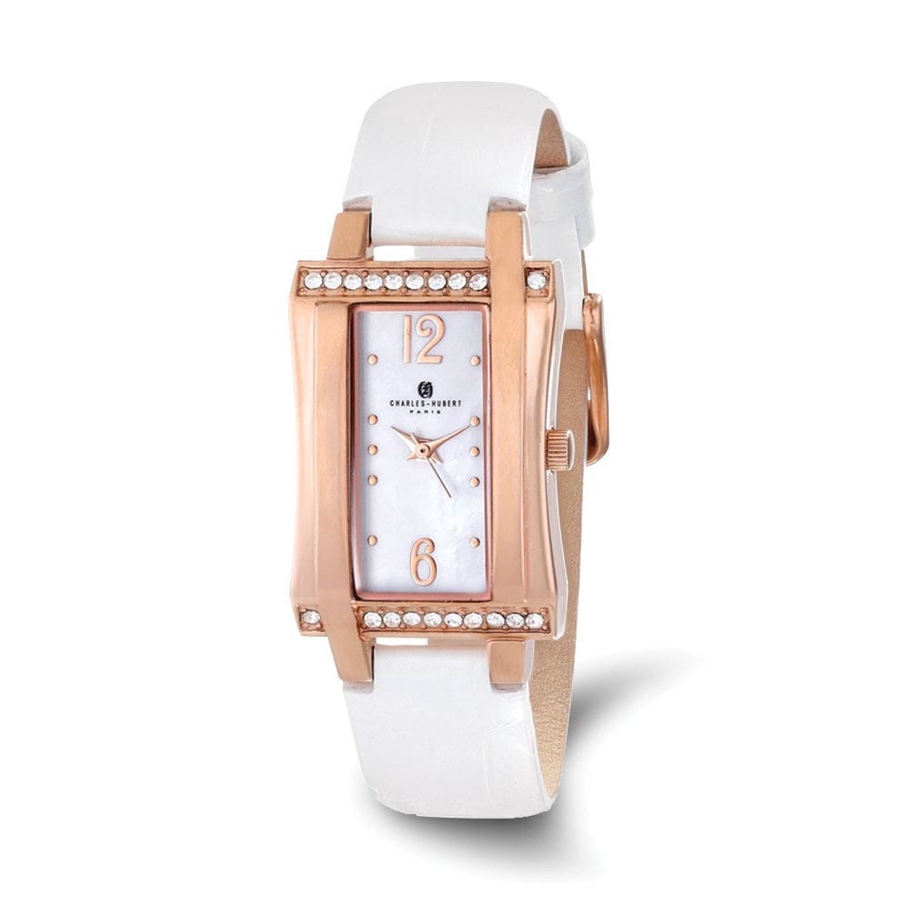 Lovely Rita's Watch Charles Hubert Ladies Elegant Rose IP SS White Leather Watch