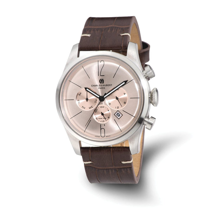 Lovely Rita's Watch Charles Hubert Mens Bold SS Leather Band Dual Time Polished Watch
