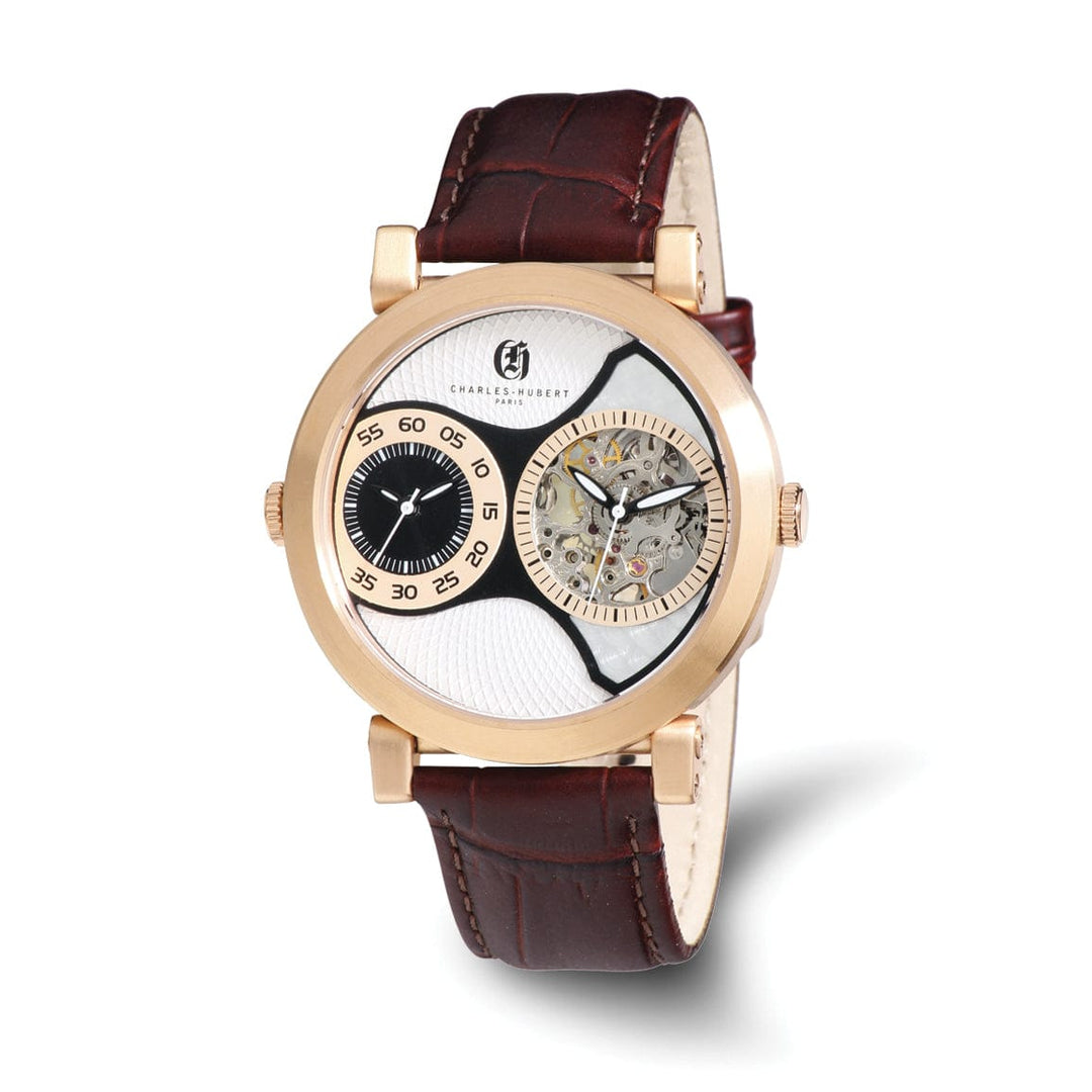 Lovely Rita's Watch Charles Hubert Mens Classic Rose SS Leather Band Dual Time Watch