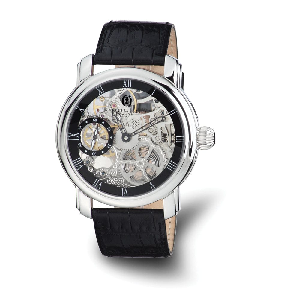 Lovely Rita's Watch Charles Hubert Mens Classic SS Leather Band Black Skeleton Dial Watch