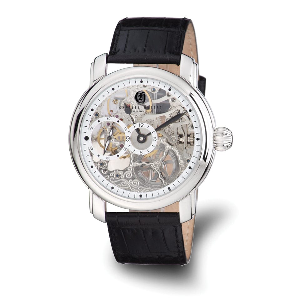Lovely Rita's Watch Charles Hubert Mens Classic SS Leather Band Skeleton Dial Watch