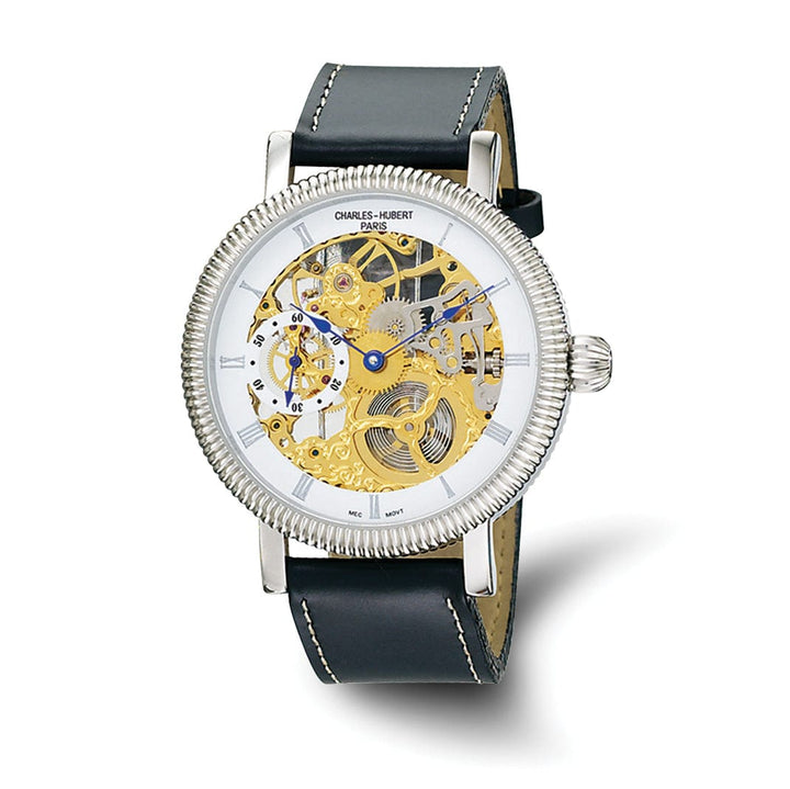 Lovely Rita's Watch Charles Hubert Mens Classic SS Leather Band White Skeleton Dial Watch