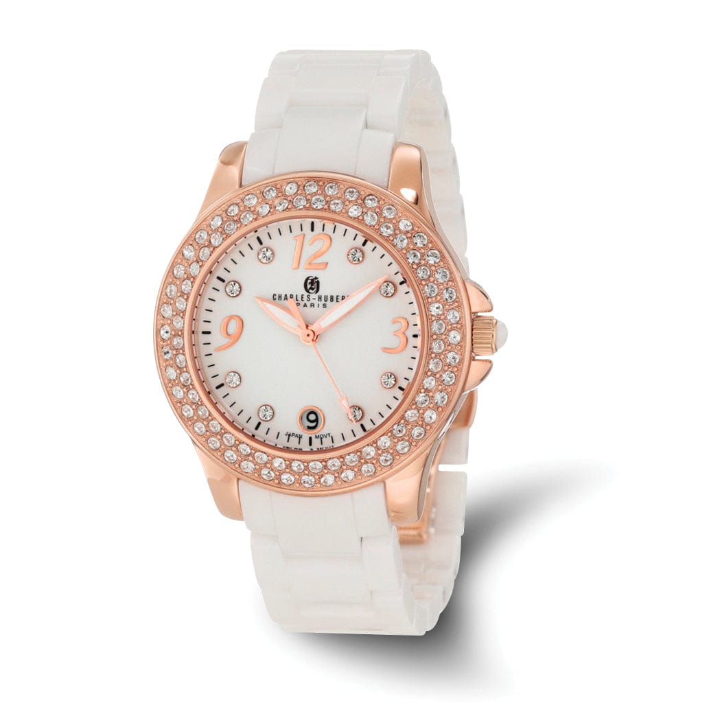 Lovely Rita's Watch Charles Hubert White Ceramic SS Rose Crystal Bezel White Dial Watch