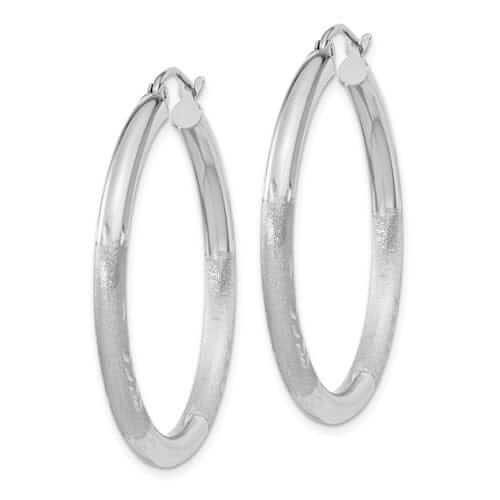 10k White Gold Satin Diamond Cut Round Hoop Earrings