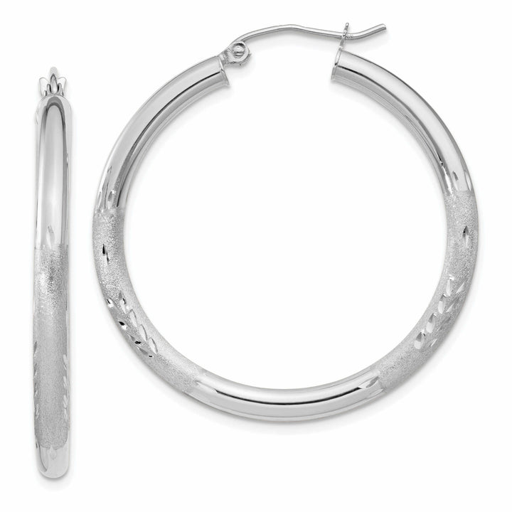 10k White Gold Satin Diamond Cut Round Hoop Earrings