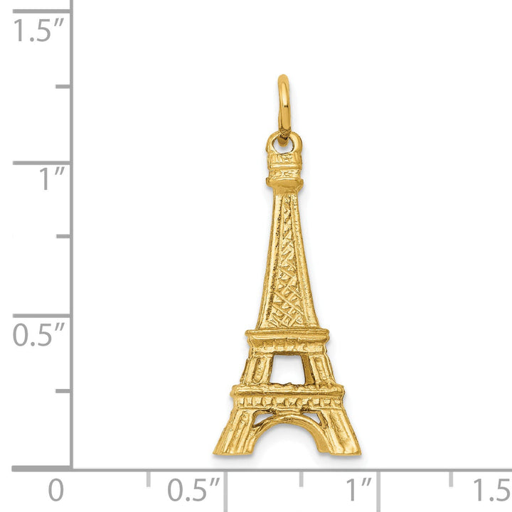 14K Yellow Gold Polished Texture Finish 3-Dimensional Eiffel Tower Charm Pendant