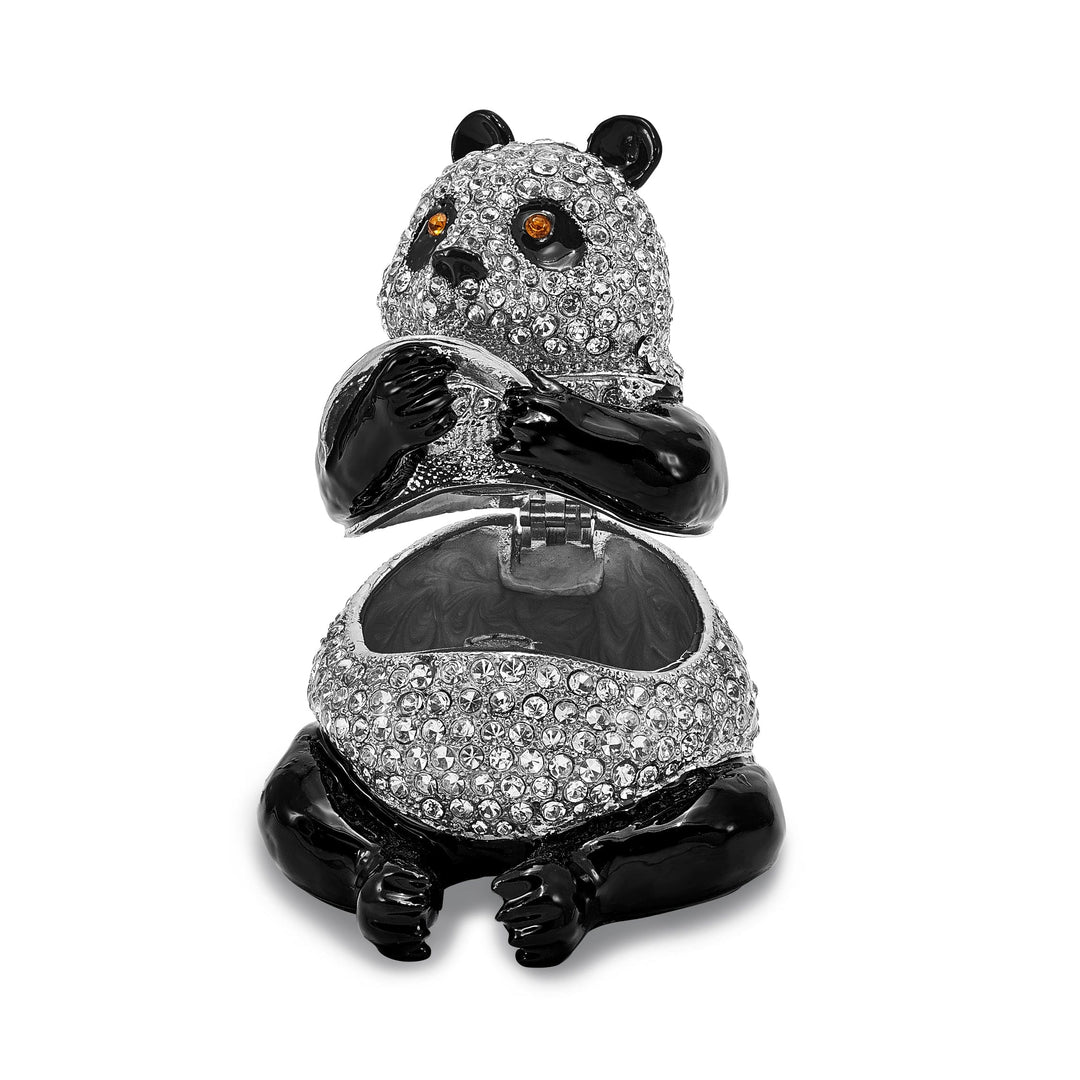 Bejeweled Pewter Multi Color LING LING Panda Bear Leaf Trinket Box