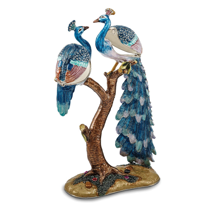 Bejeweled Pewter ROMEO JULIET Peacock Peahen Lovers Trinket Box