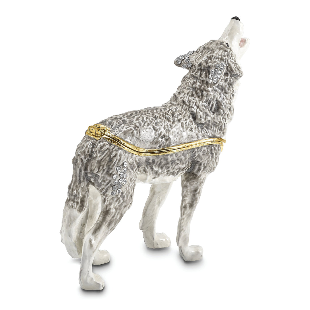 Bejeweled Pewter Multi Color Enamel Finish Howling Wolf Trinket Box