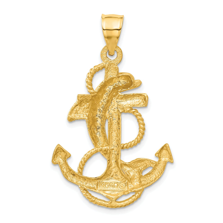 14k Yellow Gold Solid Satin Diamond Cut Polished Finish Dolphin on Anchor Design Charm Pendant