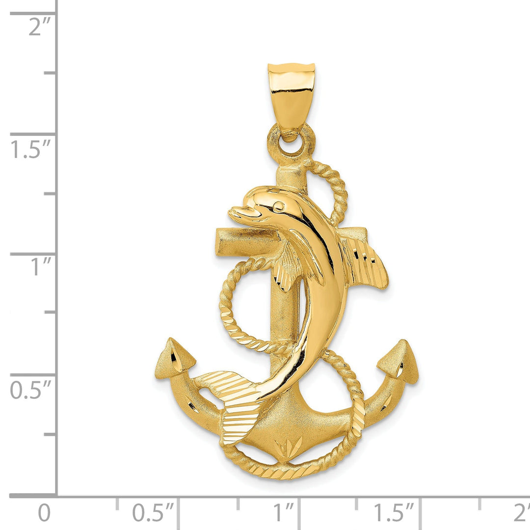 14k Yellow Gold Solid Satin Diamond Cut Polished Finish Dolphin on Anchor Design Charm Pendant