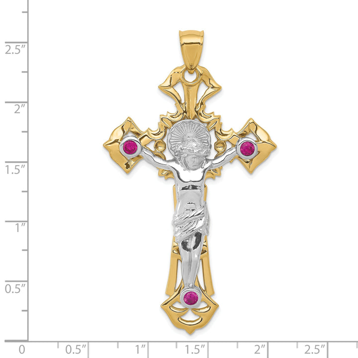 14k Two-tone Gold Polished with Red C.Z Crucifix