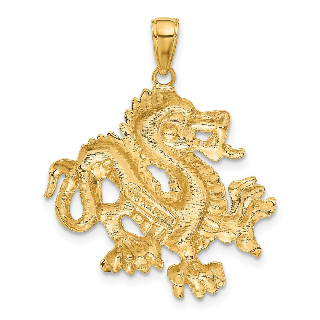 14k Yellow Gold Solid Polished Textured Finish Dragon Design Charm Pendant