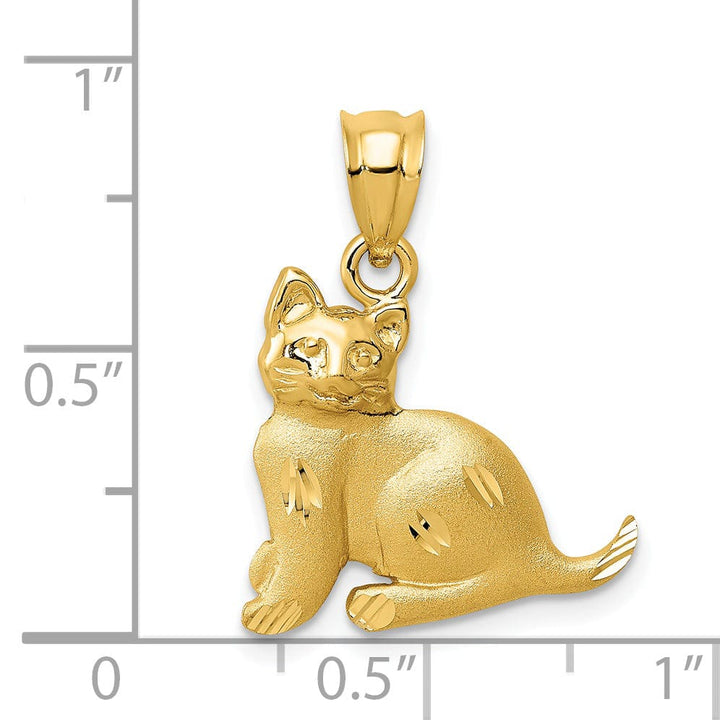 14k Yellow Gold Solid Textured Satin Finish Cat Charm Pendant