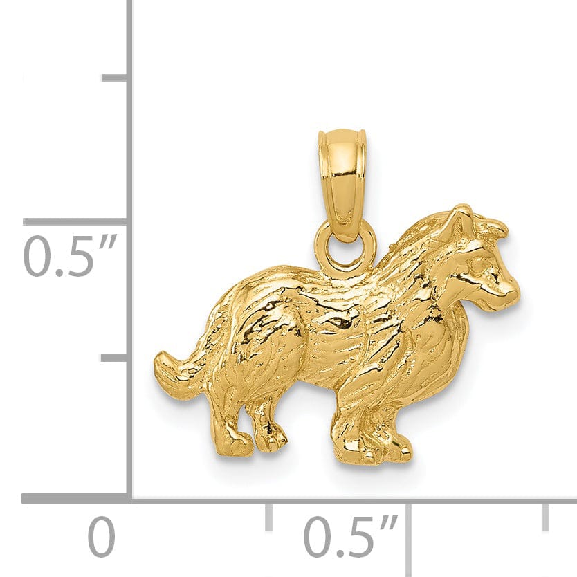 14k Yellow Gold Textured Polished Finish Solid Collie Dog Charm Pendant