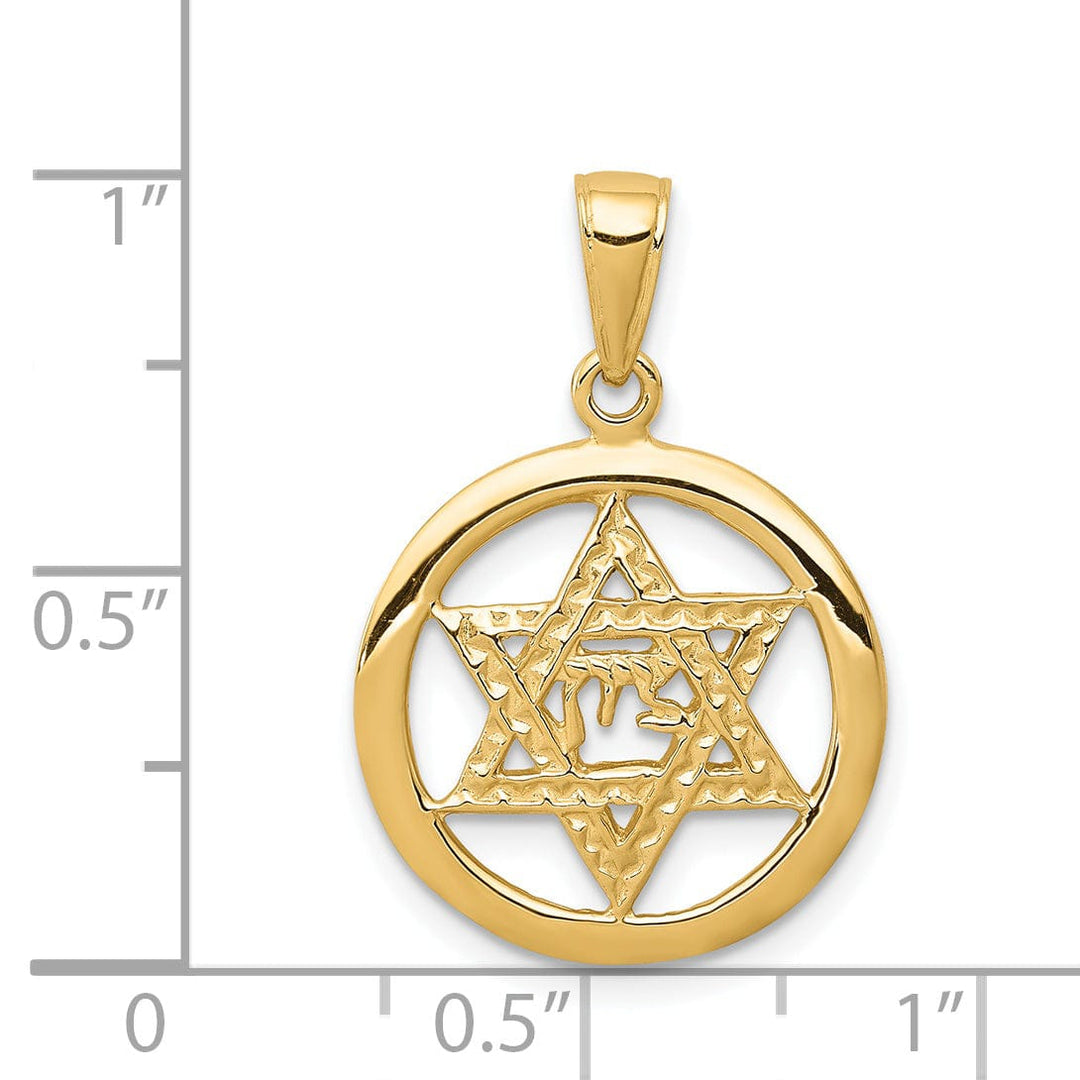 14K Yellow Gold Polished Finish Jewish Chai In Star Of David Pendant