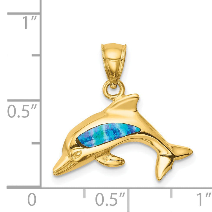 14K Yellow Gold Solid Polished Finish Lab Created Opal Dolphin Charm Pendant