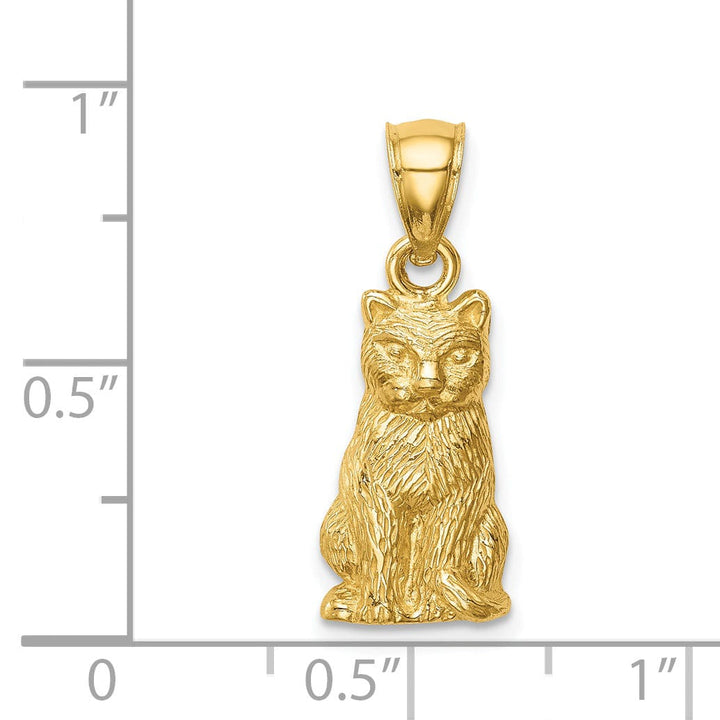 14K Yellow Gold Solid Textured Brushed Finish Cat Sitting Charm Pendant