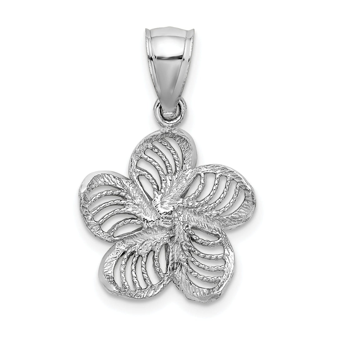 14k White Gold Textured Back Solid Beaded Polished Finish Plumeria Flower Charm Pendant