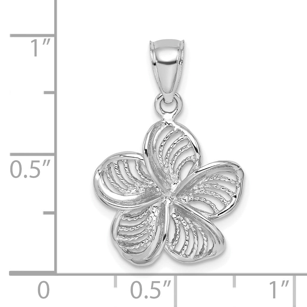 14k White Gold Textured Back Solid Beaded Polished Finish Plumeria Flower Charm Pendant