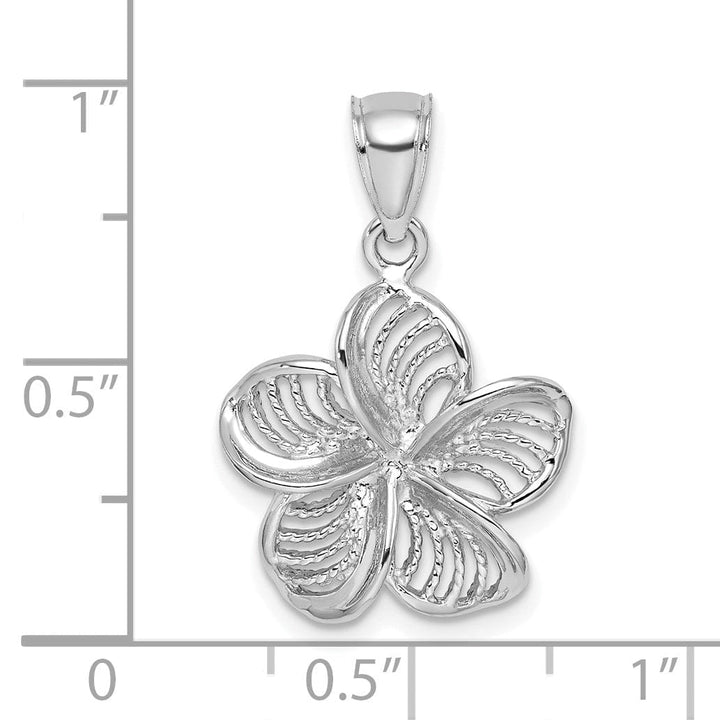 14k White Gold Textured Back Solid Beaded Polished Finish Plumeria Flower Charm Pendant