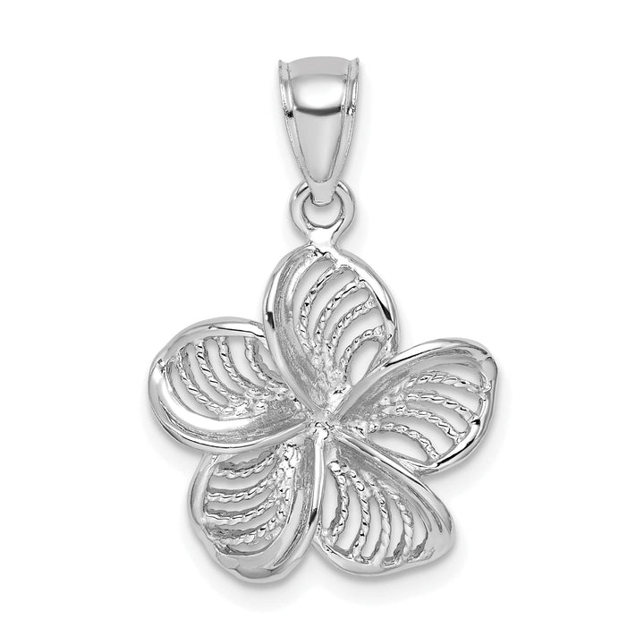 14k White Gold Textured Back Solid Beaded Polished Finish Plumeria Flower Charm Pendant