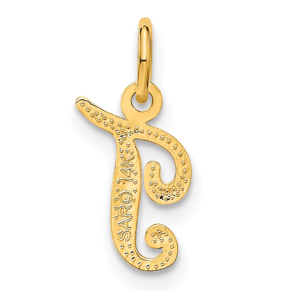 14K Yellow Gold Small Script Design Letter T Initial Charm Pendant