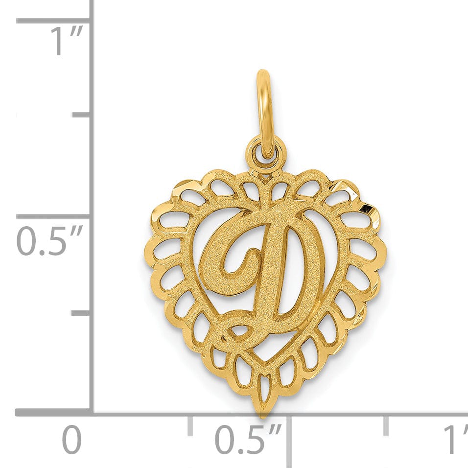 14k Yellow Gold Heart Shape Script Design Letter D Charm Pendant