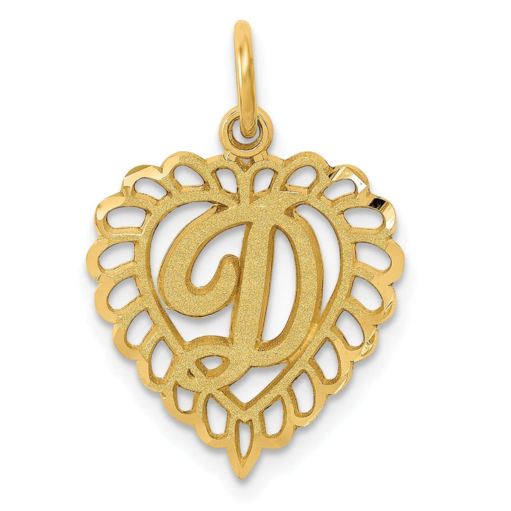 14k Yellow Gold Heart Shape Script Design Letter D Charm Pendant