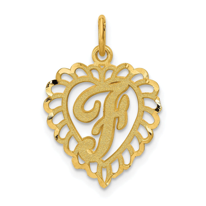 14k Yellow Gold Heart Shape Script Design Letter F Charm Pendant