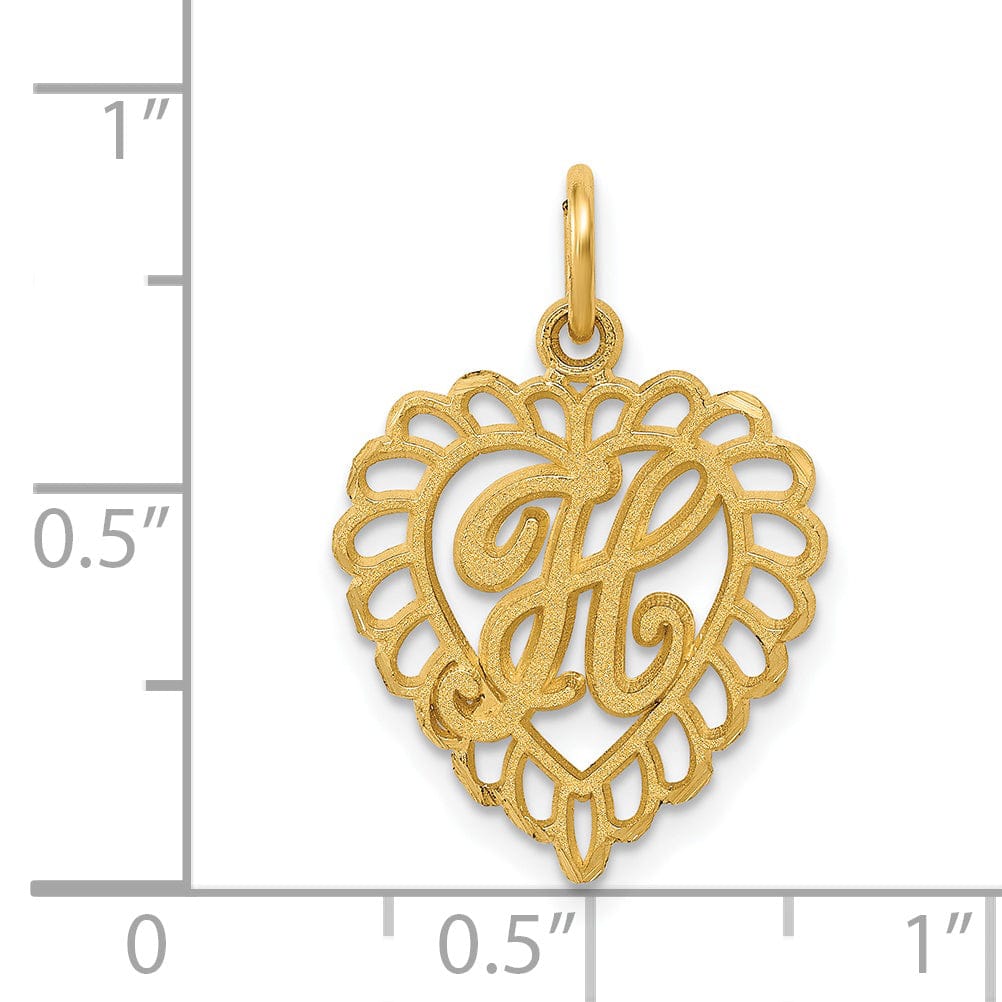 14k Yellow Gold Heart Shape Script Design Letter H Charm Pendant