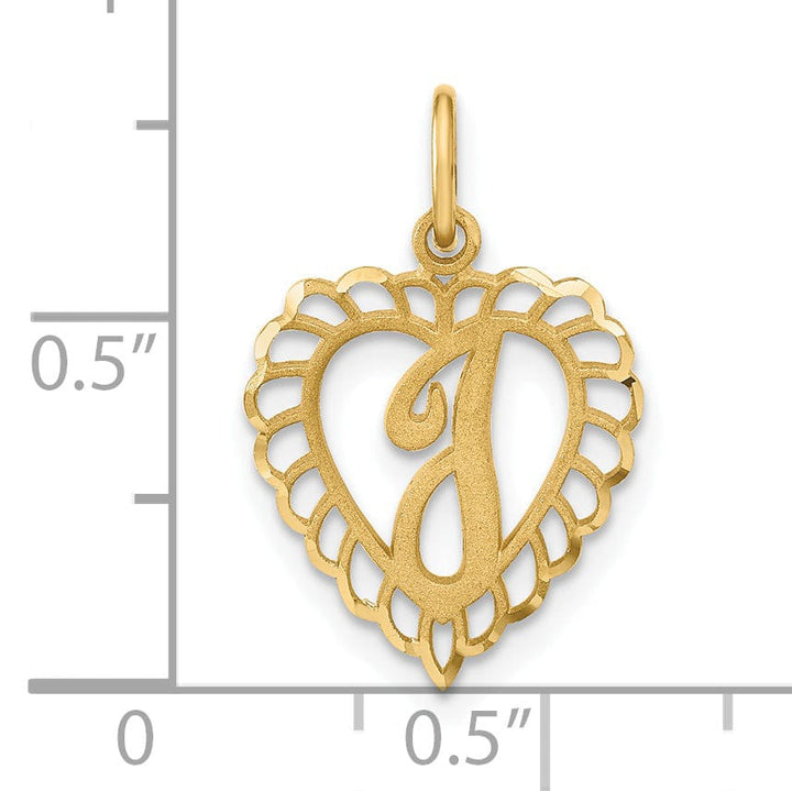 14k Yellow Gold Heart Shape Script Design Letter I Charm Pendant