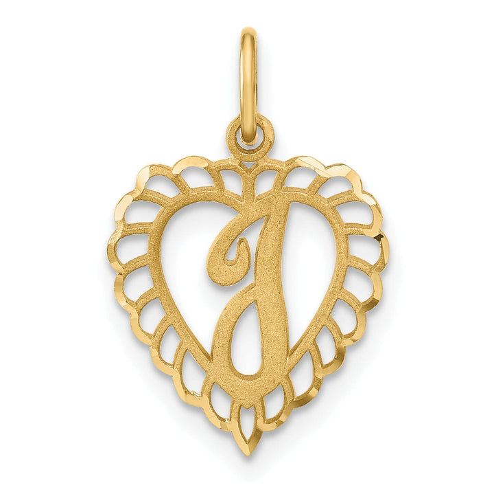 14k Yellow Gold Heart Shape Script Design Letter I Charm Pendant