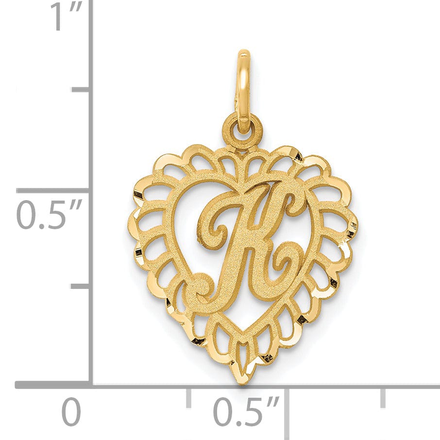 14k Yellow Gold Heart Shape Script Design Letter K Charm Pendant