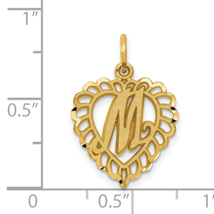 14k Yellow Gold Heart Shape Script Design Letter M Charm Pendant