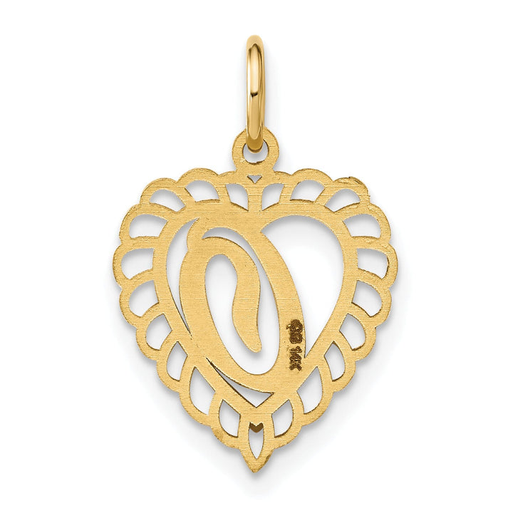 14k Yellow Gold Heart Shape Script Design Letter O Charm Pendant