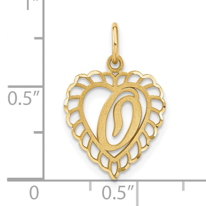 14k Yellow Gold Heart Shape Script Design Letter O Charm Pendant