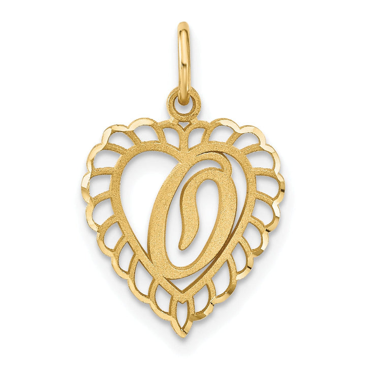 14k Yellow Gold Heart Shape Script Design Letter O Charm Pendant