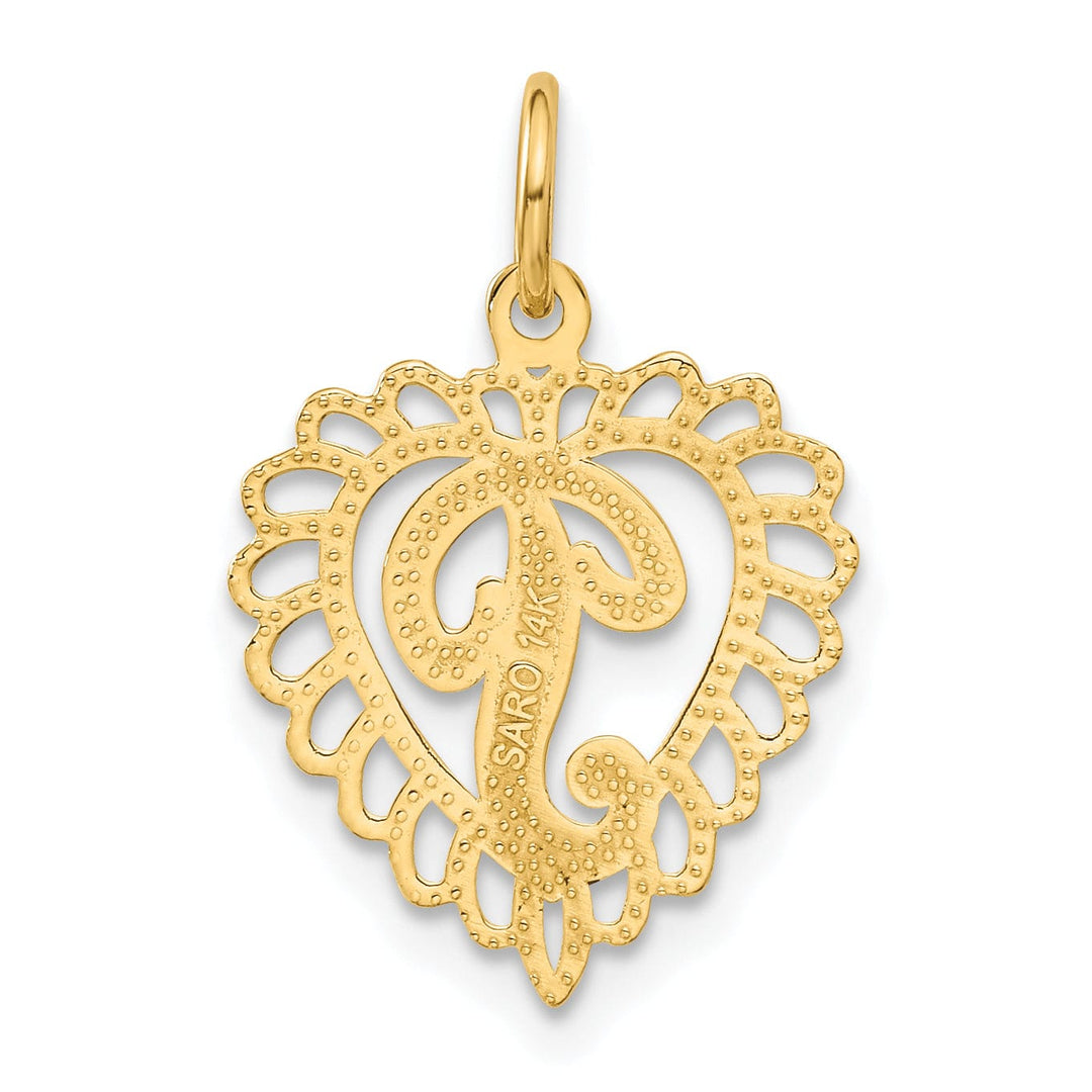 14k Yellow Gold Heart Shape Script Design Letter P Charm Pendant