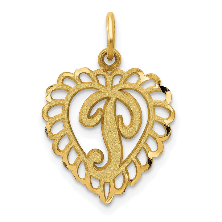 14k Yellow Gold Heart Shape Script Design Letter P Charm Pendant