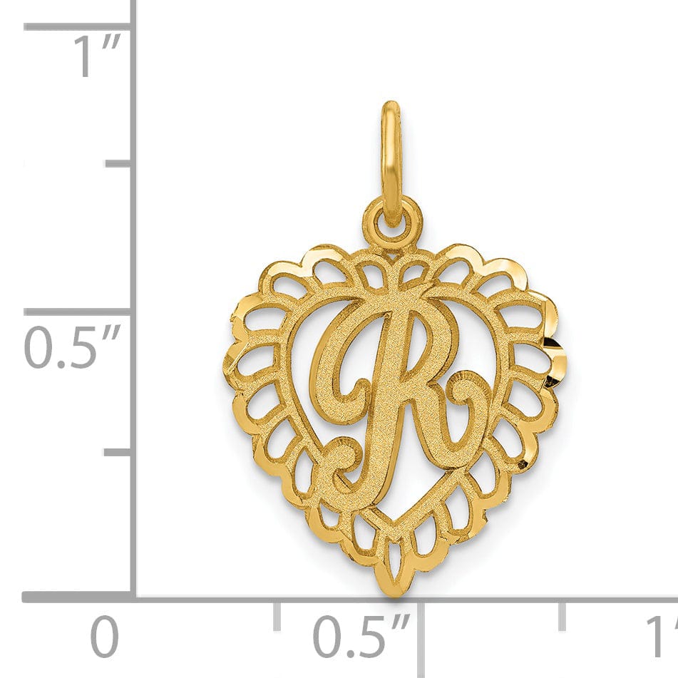 14k Yellow Gold Heart Shape Script Design Letter R Charm Pendant