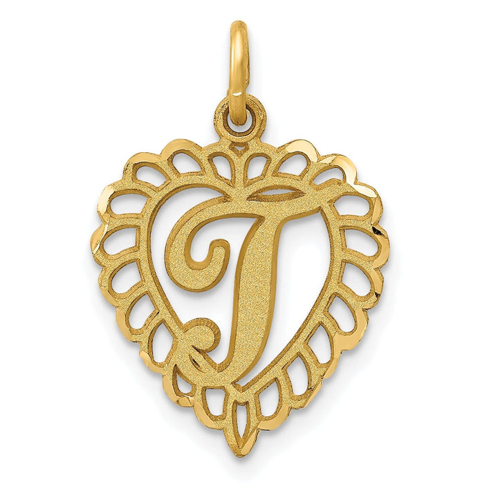 14k Yellow Gold Heart Shape Script Design Letter T Charm Pendant