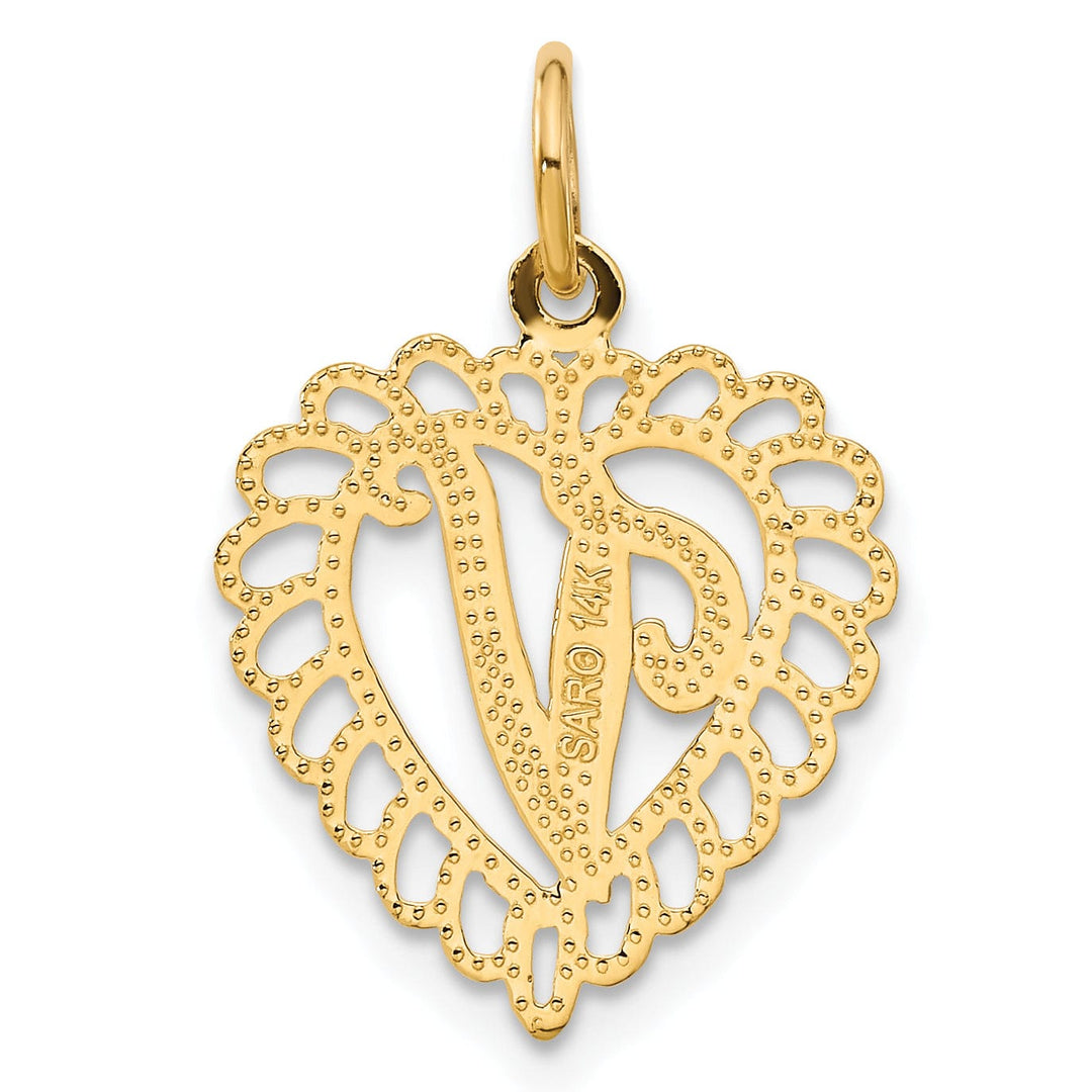 14k Yellow Gold Heart Shape Script Design Letter V Charm Pendant