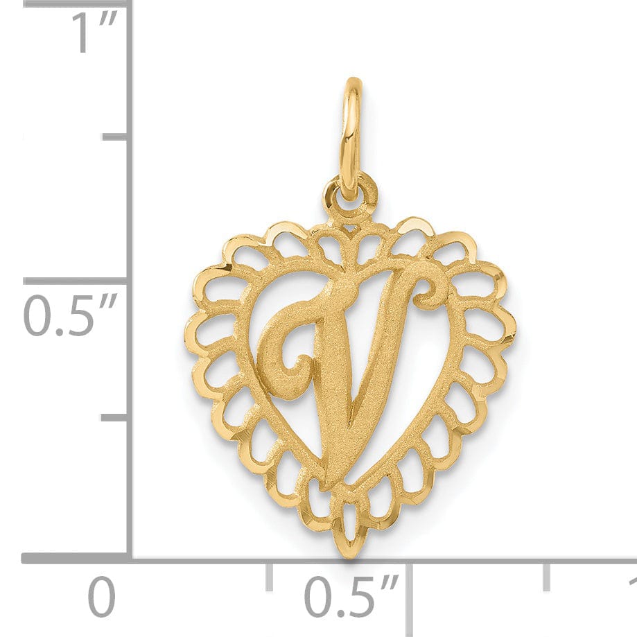 14k Yellow Gold Heart Shape Script Design Letter V Charm Pendant