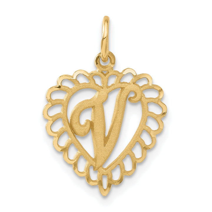 14k Yellow Gold Heart Shape Script Design Letter V Charm Pendant