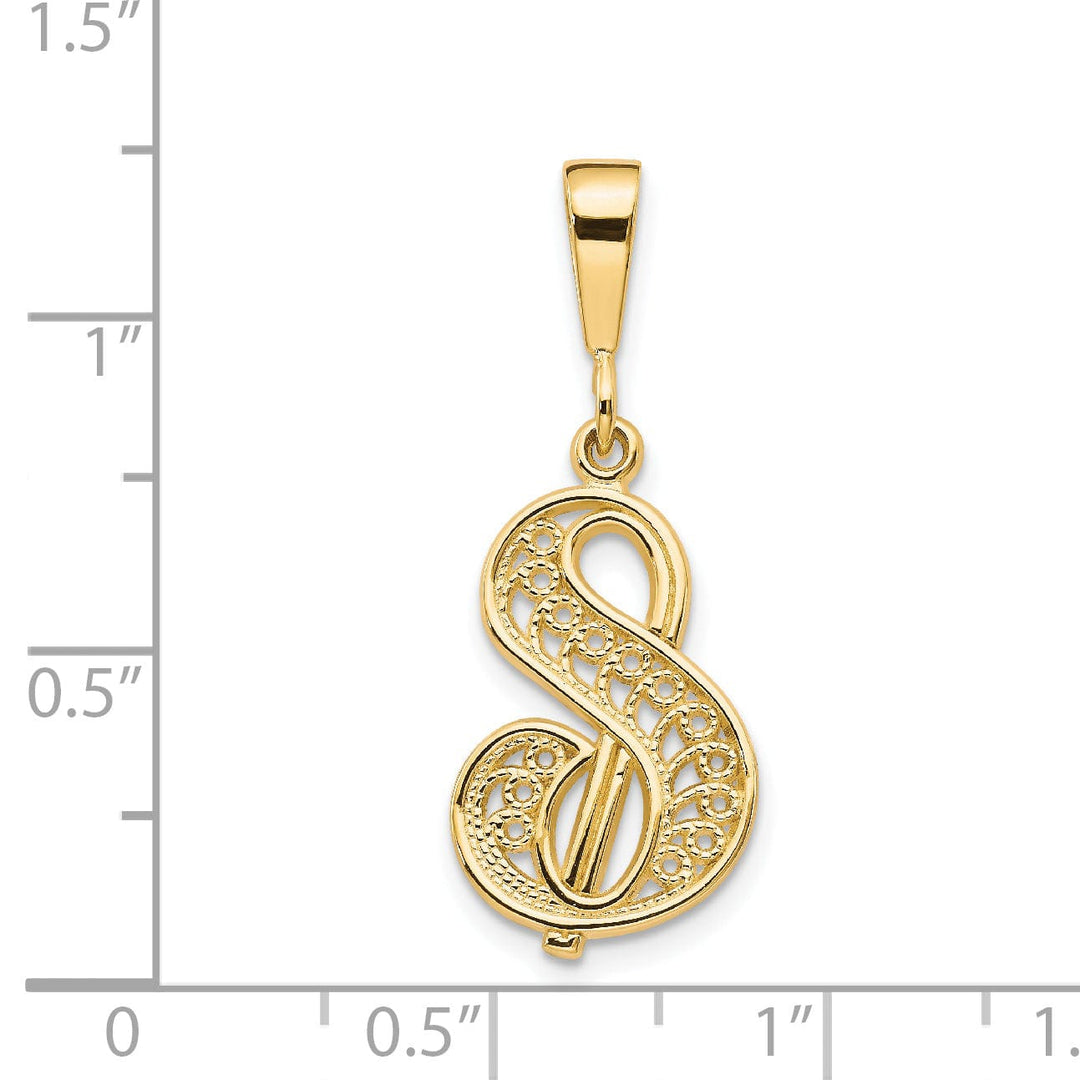 14K Yellow GoldFancy Filigree Script Design Letter S Initial Pendant