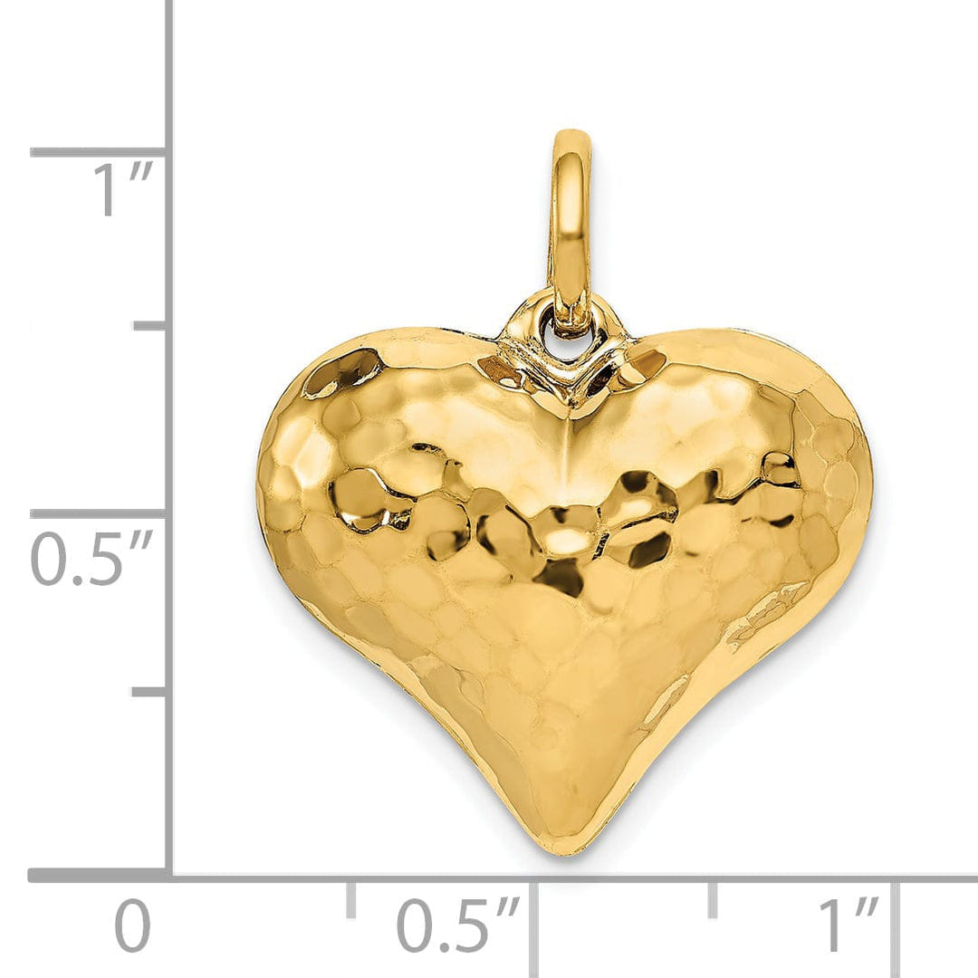 14K Yellow Gold Hollow Polished Hammered Finish 3 Dimenisonal Puff Heart Shape Design Charm Pendant