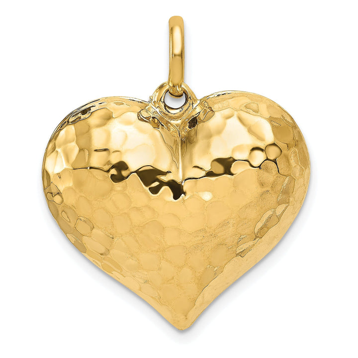 14K Yellow Gold Hollow Polished Hammered Finish 3-Dimenisonal Puff Heart Shape Design Charm Pendant