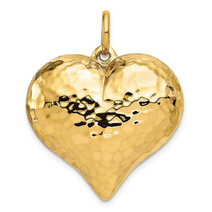 14K Yellow Gold Polished Hammered Finish Hollow 3-Dimenisonal Puff Heart Shape Design Charm Pendant